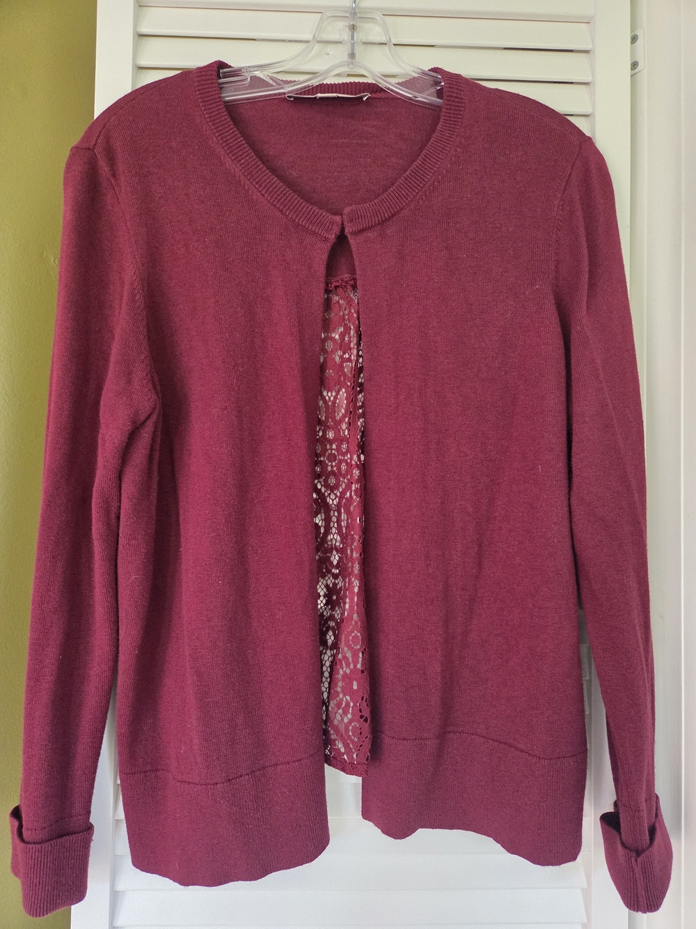 LOFT Burgundy Knit Cardigan with Sheer Floral Lace Back Panel